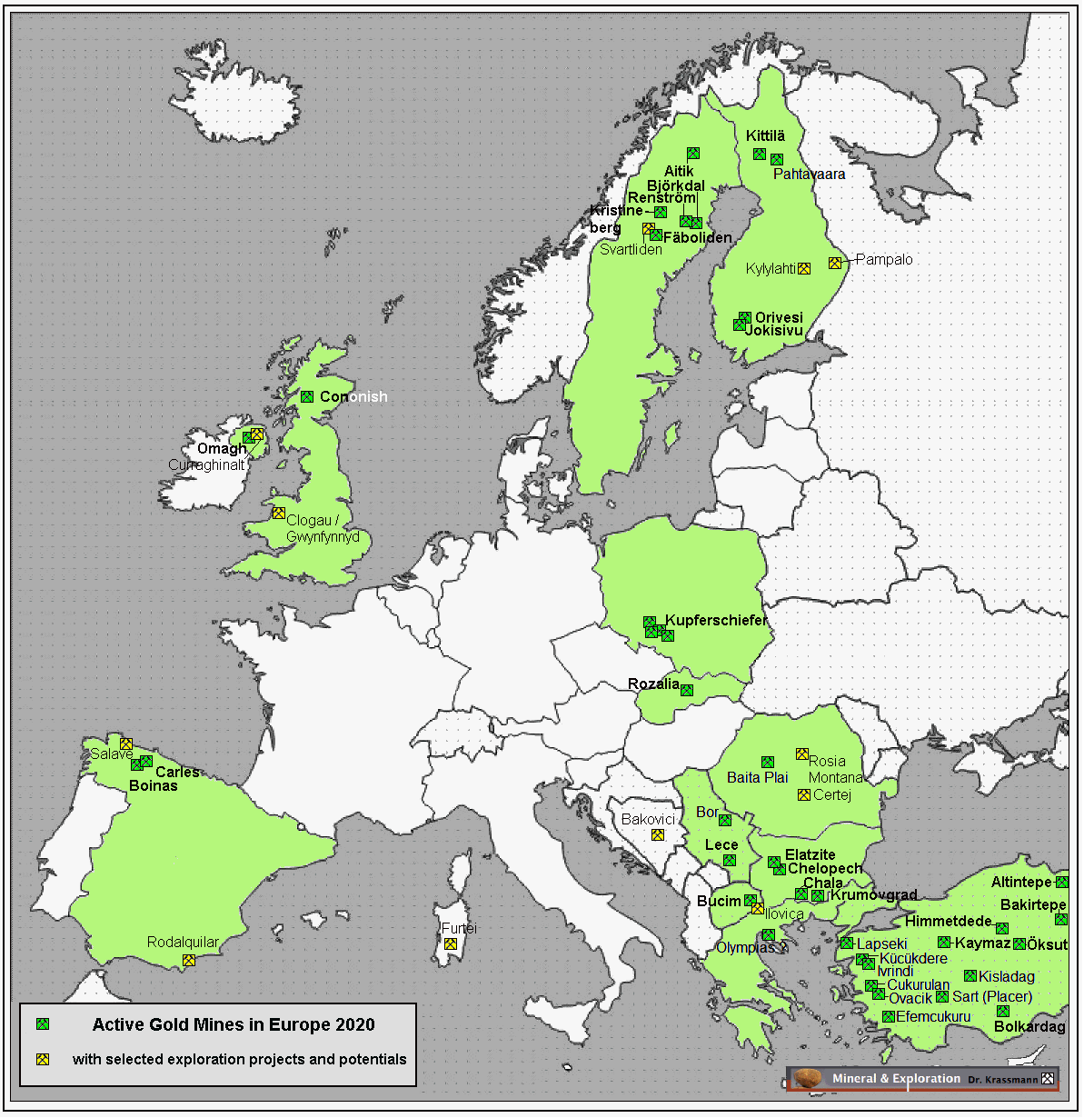 Active gold mining in Europe and Turkey